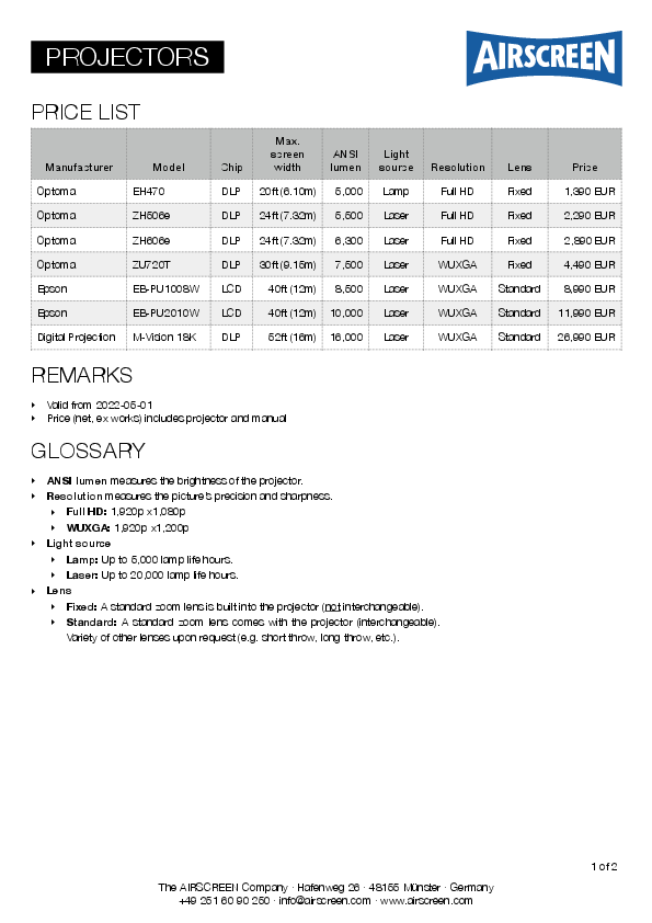 Preisliste Projektoren